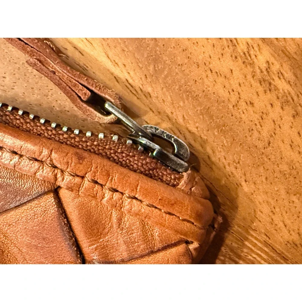 Vilenca Holland Woven Leather Wristlet Pouch Cognac Brown Boho Clutch Bag